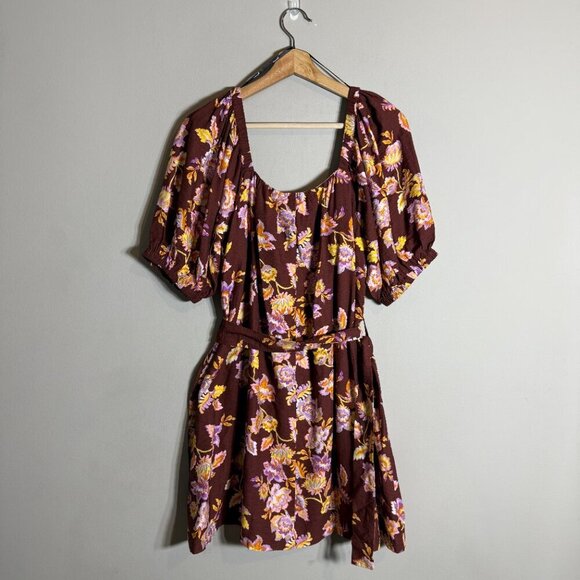 MINKPINK Giselle Belted Floral Mini Dress Women's Large Brown Puff Sleeve NWT - Picture 5 of 16